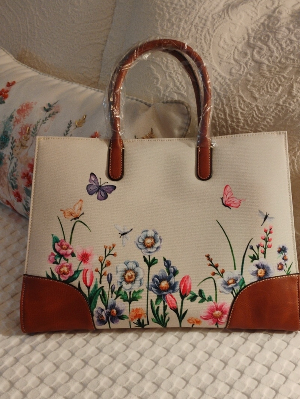 Cream Floral Tote with Brown Handles